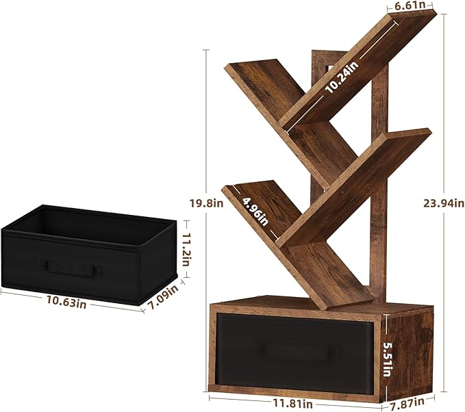 Small Bookshelf with Drawer,4 Tier Tree Book Shelf,Wood Desk Bookshelves,Modern Free Standing Desktop Display Shelves,Brown Floor Standing Organizer Bookcase for Living Room,Bedroom,Office