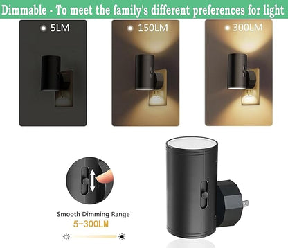 4 Pack Dimmable LED Night Light Plug-in with Dusk to Dawn Sensor, 5000K Daylight, 0-300LM Adjustable Brightness & 180° Rotating Head, Auto On/Off, for Bedroom, Bathroom, Kitchen, Hallway Outlet