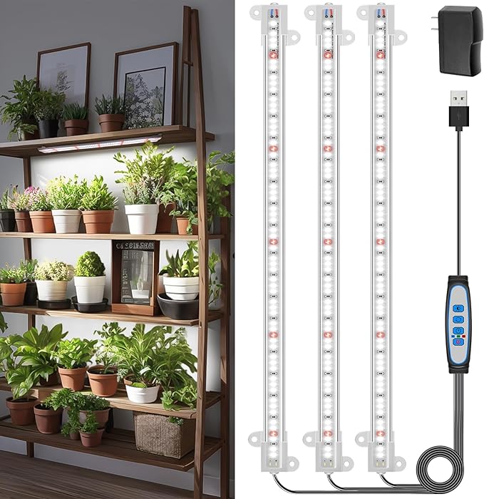 Wiaxulay LED Plant Grow Light Strips, 6000K White Grow Lights for Indoor Plants Full Spectrum, 3 Bars/16 in Grow Lamp with 6/12/16 Hrs Timer, 5 Brightness for Green House, Hydroponics, Seed Starting