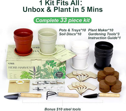 10 Indoor Herb Garden Kit, 33pcs Complete Kitchen Herb Starter Set Including 4-Color Pots, Soil & Tools, Unique Gift Ideas for Plant Lovers, Women, Men, Mom, Friend, Birthday, Housewarming, Christmas