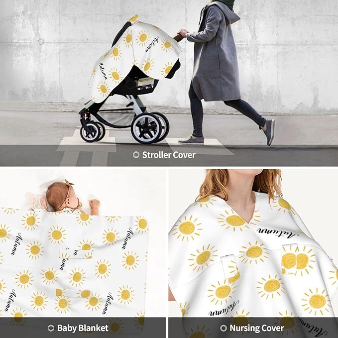 Personalized Orange Sun Rays Baby Infant Car Seats Canopy for Babies with Name, Golden Sunrays Lightweight Covers for Baby Boys Girls, Minky Nursing Breastfeeding Stroller Cover for Newborn
