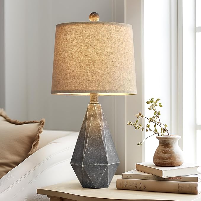 PoKat 20.25" Rustic Farmhouse Table Lamp Sets of 2 for Living Room Bedroom Deep Grey Contemporary Classic Bedside Nightstand Lamp with White Fabric Shade, Suitable for Small Place