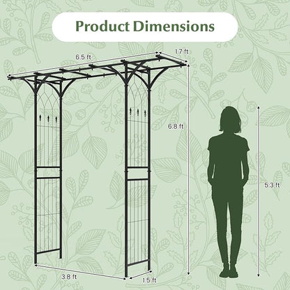 LDAILY Wedding Arch, 6.8FT Rustproof Metal Garden Arbor with Extended Roof & 4 Stakes, Outdoor Plant Support for Vines Roses, Decorative Trellis for Climbing Plants Outdoor for Lawn Wedding Ceremony