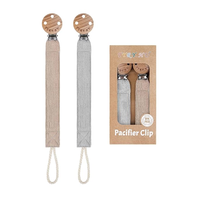 TYRY.HU Ribbon Pacifier Clip Holder,2 Pack Binky Paci Holder Clips, Pacifier Leash for Baby Boys and Girls, Soft Webbing Strap Universal Fits for Most Pacifier, Styles & Teethers Toys(Khaki,Grey)