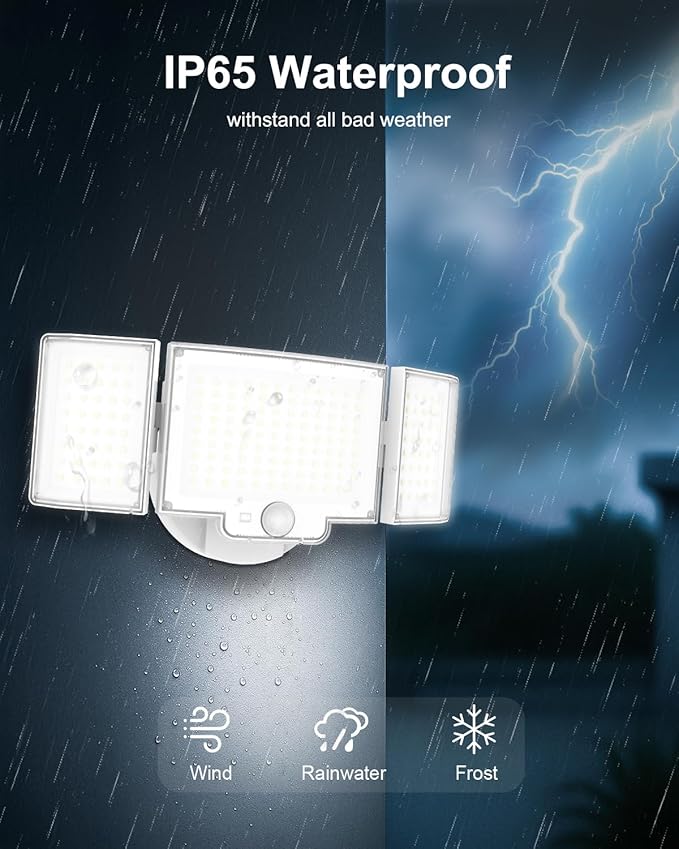 Motion Sensor Outdoor Light, 188 LED 4200LM Flood Lights Outdoor, 6500K Daylight, 3 Modes with Remote Control, IP65 Waterproof, Adjustable Heads, Hardwired 120V for Garage, Yard, Porch, 1 Pack White