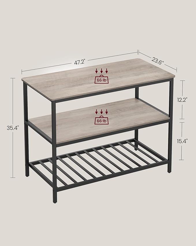 VASAGLE Kitchen Island with 3 Shelves, 47.2 Inches Width Kitchen Shelf with Large Worktop, Stable Steel Structure, Industrial, Easy to Assemble, Greige and Black UKKI001B02
