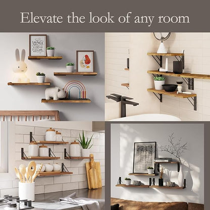BAYKA Wall Shelves for Bedroom Decor, Floating Wall Shelves for Living Room Kitchen Storage, Wall Mounted Rustic Wood Floating Shelves for Kids Books, Corner Shelf for Bathroom(Rustic Brown，Set of 4)