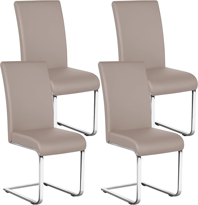 Yaheetech Dining Chairs Set of 4 Modern Faux Leather Upholstered Dining Room Chairs with High Back and Metal Chrome Legs for Kitchen/Living Room/Restaurant, Light Brown