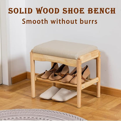 latifolia Small Shoe Bench, Solid Wood Bench with Cushion, 2 Tier Shoe Storage Organizer for Entryway(Nature,17.71''L)