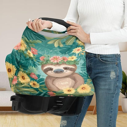 Wanyint Sloth Floral Print Car Seat Covers Canopy Covers for Boys Girls,Breathable Car Seat Covers Canopy-Breathable Soft Nursing Cover for Breastfeeding