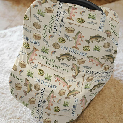 Gone Fishing Car Seat Cover for Babies Vintage Lake Fishing Lovers Gift Stretchy 5-in-1 Covers Adjustable Car Canopy Cover Vacation Outdoors Adventure Breathable Nursing Cover-Up
