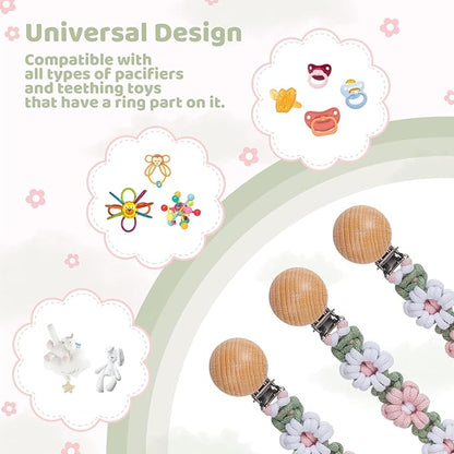 Pacifier Clip for Boys Girls Floral Daisy Macrame Baby Paci Clip Pacifier Holder Leash Boho Wooden Clips Handmade Braided Cotton Binky Clips (1pack:Misty Rose)