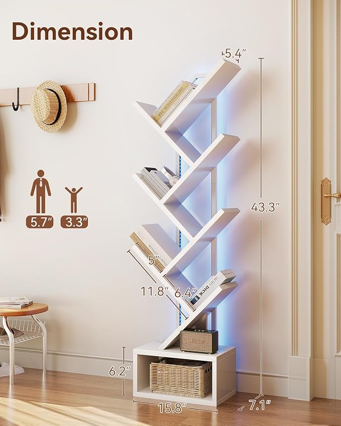 Casaottima White Tree Bookshelf with LED Light Strip — 6-Tier Small Floor Standing Bookcase, Narrow Steel & Wood Book Organizer Shelf with Cabinet, Home Decor for Living Room/Bedroom/Home Office