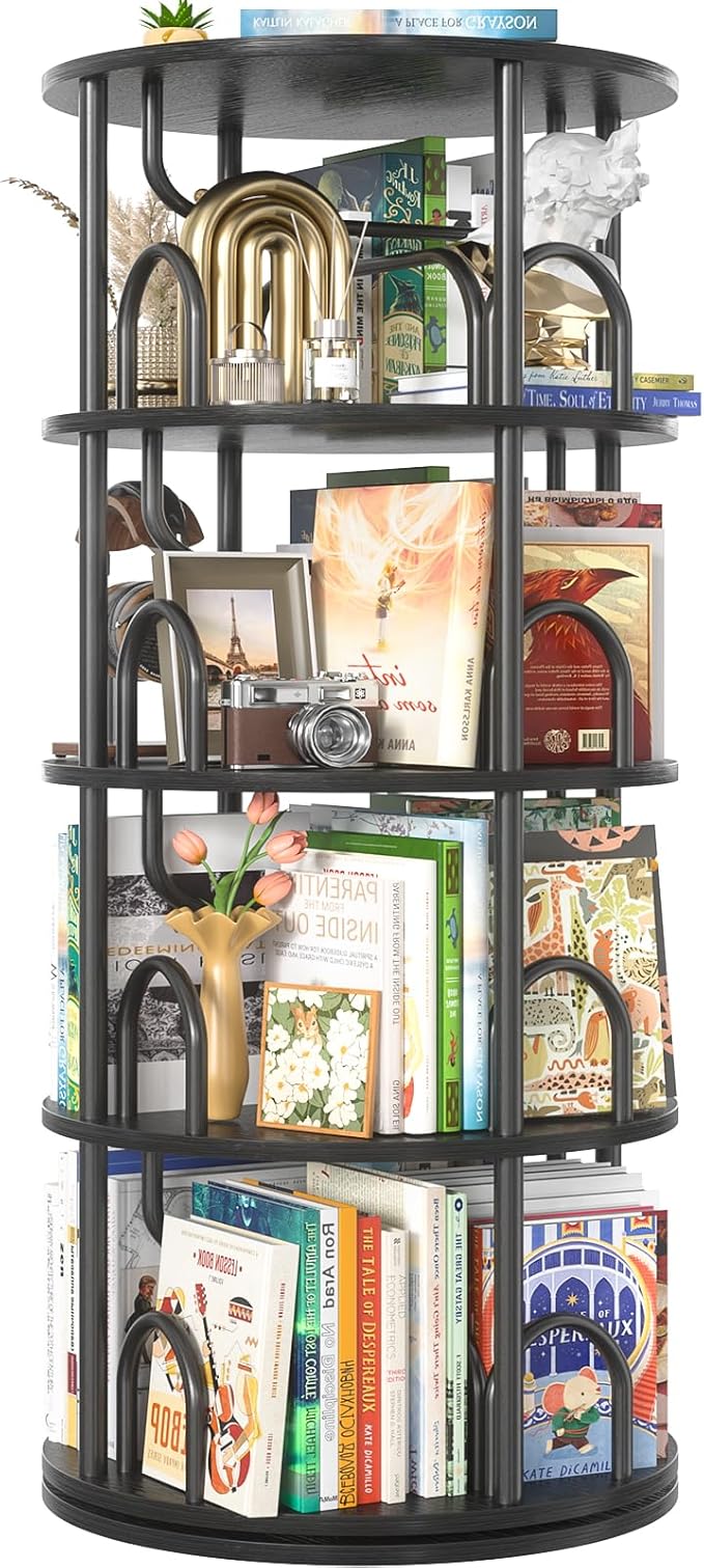 Aheaplus 4 Tier Rotating Bookshelf Tower, 360 Display Spinning Bookcase, Revolving Round Book Shelf Narrow Swivel Bookshelf, Vertical Turning Spiral Corner Book Organizer for Small Space, Black