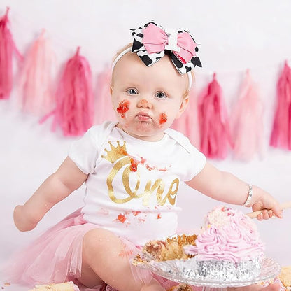 Cow Print Birthday Bow Hair Clip, Pink Farm Animal Theme 1 Year Old Hair Bow Clip Accessory for Toddler Girls Party Baby Shower Decor