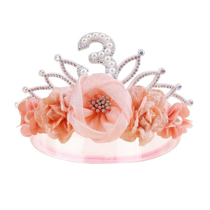 cherrboll Baby Girl Birthday Crown Floral Headband, Soft Flower Head Wrap Tiara Hairband for 1-3 Years Old Toddlers Kids 3rd Birthday Party Dress Photo Decoration