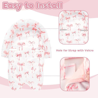 Infant Car Seat Insert with 2 Strap Pads, Carseat Cushion Baby Boy & Girl, Soft and Comfortable Carseat Head Support for Newborn, Pink Bow