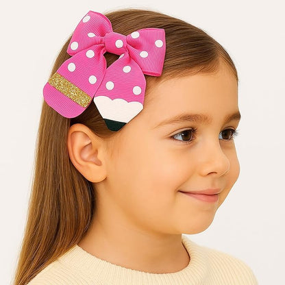 YKW Pink Polka Dot Pencil Hair Bow Clip for Girls - Cute School Themed Grosgrain Ribbon Accessory with Secure Metal Fastener - First Day Teacher Gift - 3.9 Inch