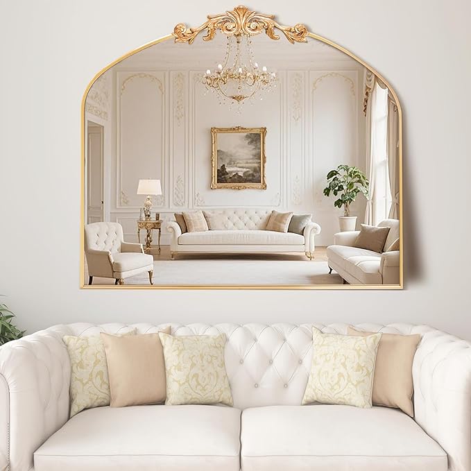 MISSDAY Vintage Gold Baroque Mirror for Wall, 36"X30" Arched Antique Wall Mirror with Elegant Carving Top, Full Metal Frame Wall-Mounted Mirror for Bathroom, Living Room, Fireplace, Entryway, Hallway