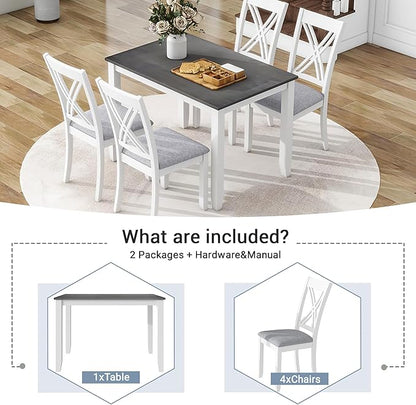 Ball & Cast Dining Table Set for 4 with 4 X-Back Chairs,5-Piece Wooden Living Room Furniture W/ 44.5" Rectangle Kitchen Desk,for Small Space,Apartment,Dining Room,Grey
