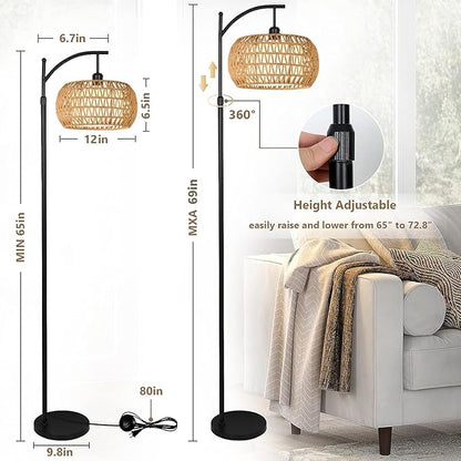 Arc Floor Lamps for Living Room Rattan Boho Floor Lamp with Remote Control,Dimmable LED Floor Lamps Wicker Lamp Shades Black Standing Lamp with 3 Color Temperature Tall Floor Lamp For Bedroom Corner