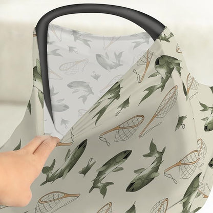 Gone Fishing Baby Car Seat Covers Vintage Bass Fishes Net Lake Stretchy 5-in-1 Cover Adjustable Infant Carseat Canopy Cover Fishing Lovers Gift Nursery Breathable Nursing Cover-Up
