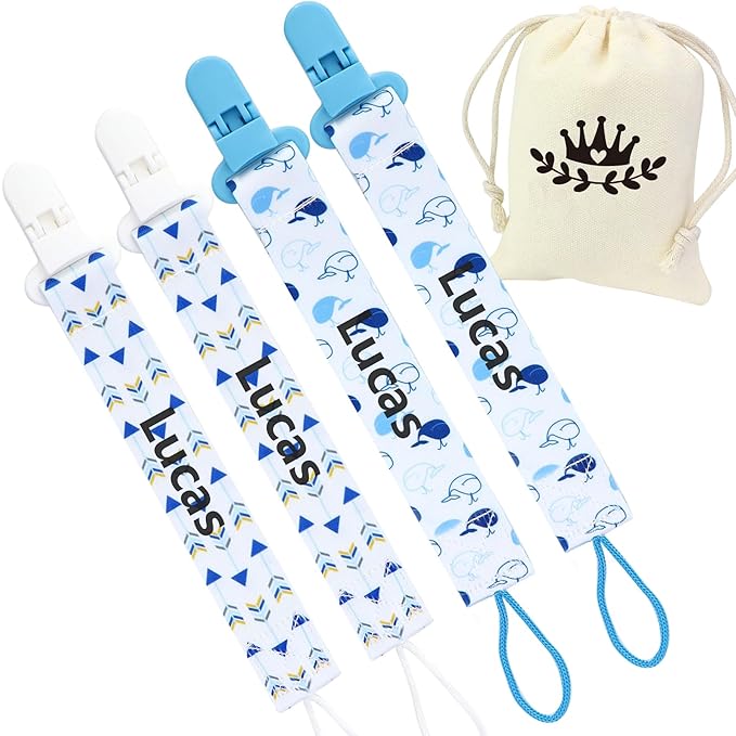 Personalized Handmade Pacifier Clip with Name - Customizable Baby Pacifier Holder with Storage Bag (4 Pack) (Blue)