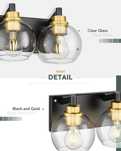 Bathroom Light Fixtures, 3-Light Black and Gold Bathroom Vanity Light, Modern Wall Sconces with Globe Clear Glass Shade, Vanity Lighting Fixtures Over Mirror, VL195-KG-3