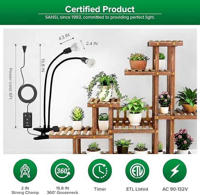 SANSI LED Grow Lights for Indoor Plants, Lifetime Free Bulb Replacement, 300W Full Spectrum Dual Gooseneck Clip Plant Grow Light, Plant Light with Timer 4/8/12 Hrs, High PPFD Growing Power Grow Lamp
