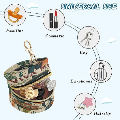 Pacifier Holder with Clip Pacifier Case for Diaper Bag Round Baby Pacifier Pouch Box Bag Portable Mexico Skull Guitar Cactus Beige