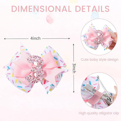 Birthday Hair Bow Hair Clips for Girls 1 2 3 4 5 6 Years, Baby Girl Accessories Bow Birthday Decorations, Pink Baby Girls Ice Cream Hair Bows Clips for 3th