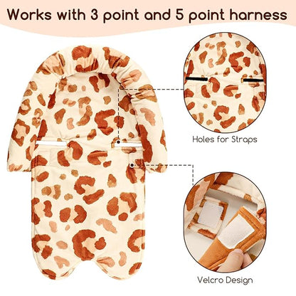 GFU Baby Car Seat Head Support for Newborn, 2 in 1 Infant Car Seat Head Body Support with Strap Pads, Soft Stroller Cushion Pillow Insert for Girls, Fits for Stroller, Swing, Brown