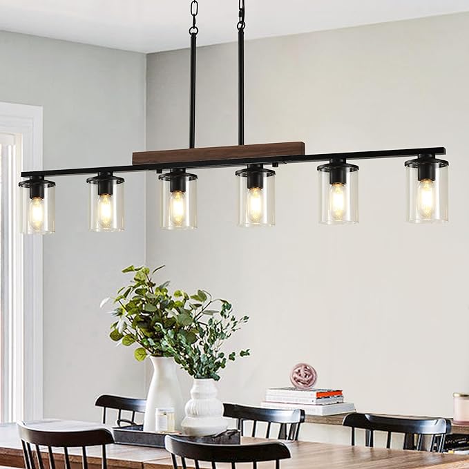 47.2'' Kitchen Island Light Fixtures, 6-Light Dining Room Light Fixture Chandelier Over Table, Black Modern Rustic Wood Ceiling Pendant Light Fixtures, with Clear Glass Shade, Farmhouse Chandelier