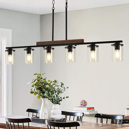 47.2'' Kitchen Island Light Fixtures, 6-Light Dining Room Light Fixture Chandelier Over Table, Black Modern Rustic Wood Ceiling Pendant Light Fixtures, with Clear Glass Shade, Farmhouse Chandelier