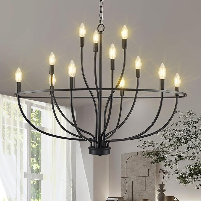 Black Chandelier 12 Light, Hallway Chandelier for Entryway High Ceiling Foyer Candle Chandeliers 36in Modern Farmhouse Light Fixture Chandeliers for Dining Room Master Bedroom Living Room