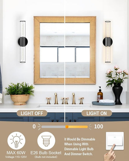 Bathroom Vanity Light Fixture, 2-Light Black Wall Sconce Lighting Fixture with Clear Glass, Indoor E26 Stocket Wall Lamp for Mirror Living Room Hallway(Bulb Not Included)