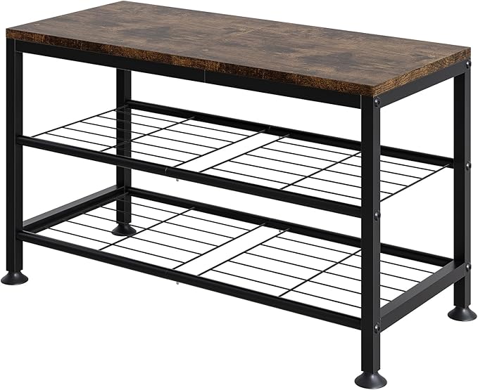 3-Tier Shoe Rack Bench - Entryway Organizer with Shoe Storage, Sturdy Shoe Shelf for Front Door, Small Space Saving Furniture, Brown, Holds 286lbs,27.2" x 12.0" x 15.9"