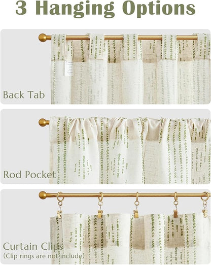 jinchan Boho Kitchen Curtains Linen Cafe Tier Curtains 36 Inch Bohemian Geometric Striped Mudcloth Small Window Drapes for Living Room Bathroom Light Filtering Back Tab 2 Panels Sage Green on Flax