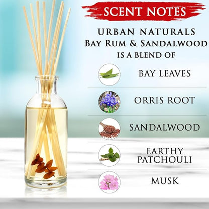 Urban Naturals Bay Rum & Sandalwood Reed Diffuser Scent Sticks Gift Set | Powdery Bay Rum, Sandalwood, Earthy Patchouli & Musk | A Bold, Spicy, Masculine Scent | Smells Like an Old Time Barber Shop