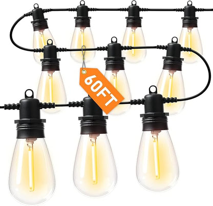 60FT LED Outdoor String Lights with 16+1 Edison Shatterproof IP65 Waterproof Bulbs, 2700K Dimmable Commercial Grade Patio Lights for Garden, Porch, Deck Decor