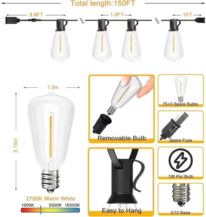Svater Outdoor String Lights 150 FT, ST38 Patio Lights with 78 pcs Shatterproof Dimmable Vintage Edison Bulbs, Weatherproof Warm White Light for Patio, Backyard, Garden, Bistro