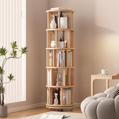 Solid Wood Rotating Bookshelf on Wheels, 5 Tier, Round Revolving Bookcase, 360° Spinning Book Shelf Tower for Kids, Narrow Rolling Bookshelves for Small Space, Corner, Bedroom, Office, Natural