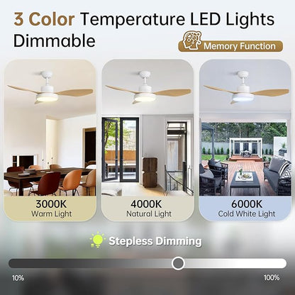 Sofucor 48 Inch Ceiling Fan with Lights and Remote Control Flush Mount Modern Outdoor Ceiling Fans with Large Panel Light, 3 CCT Dimmable, Quiet DC Motor &Timer for Bedroom Patio Indoor Natural Wood