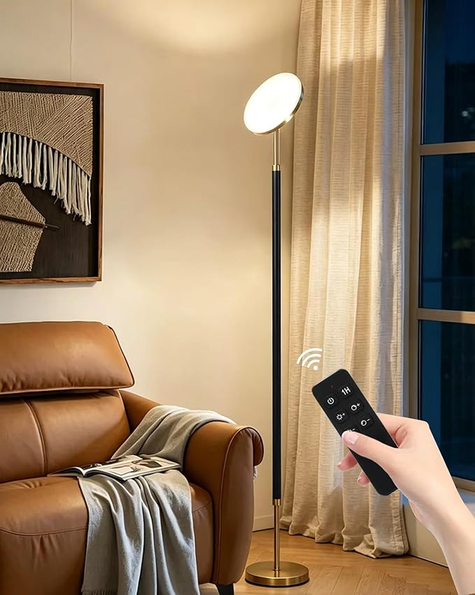 Wood Floor Lamp 30W 3000Lm Super Bright LED Wooden Floor Lamp, Remote Control 69" Tall Standing Lamp Stepless Dimming & Color Temperature Adjustable, Modern Torchiere Lamp for Bedroom, Office Black