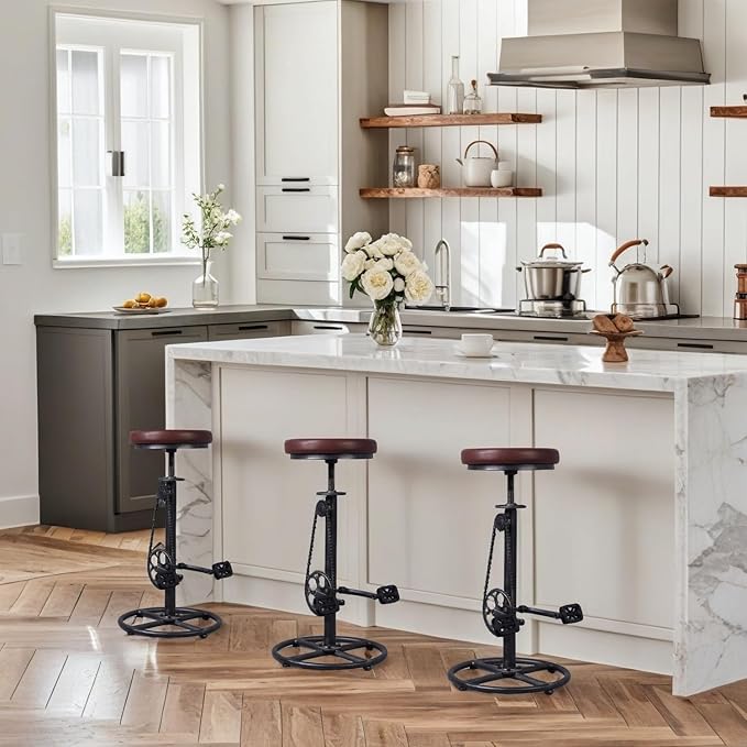 Vintage Bar Stools Swivel PU Seat 29-37inch Height Adjustable Extral Tall Bicycle Stool with Bikepedal Kitchen Island Counter Stool Shop Chairs