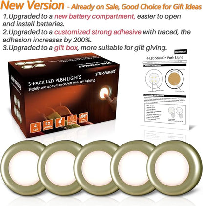 STAR-SPANGLED 5 Pack 2.8” Push Tap Lights, Stick on Touch Puck Lights AAA Battery Operated, LED Sticky Button Lamps for Classroom, Kitchen, Under Cabinet, Closet (Golden, Warm White)