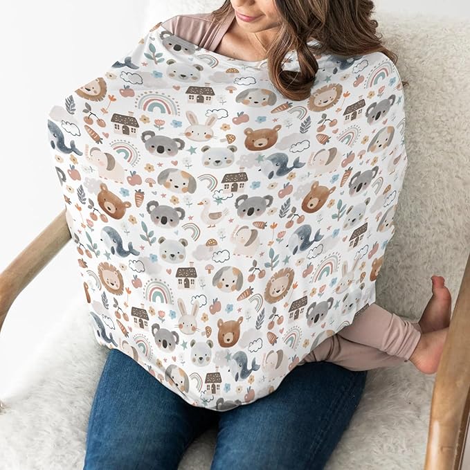 Boho Cute Watercolor Animals Baby Car Seat Covers Bear Lion Koala Bunny Whale Rainbow Floral Stretchy 5-in-1 Cover Adjustable Infant Carseat Canopy Cover Neutral Animal Breathable Nursing Cover-Up
