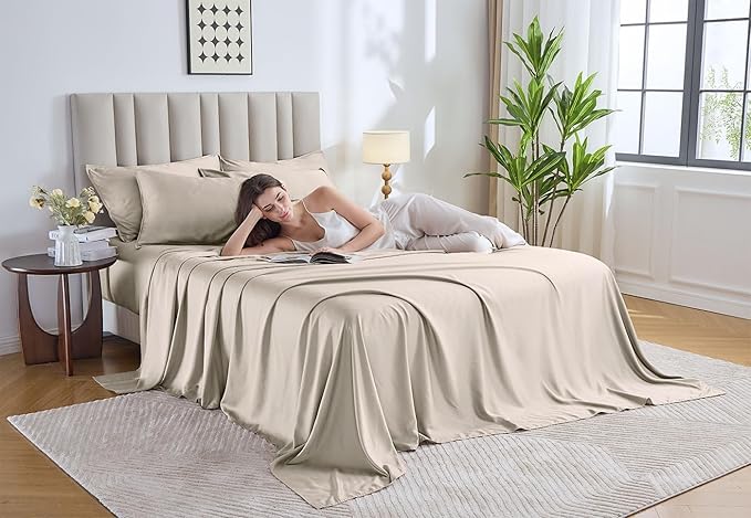 Pure Bamboo Split King Sheets, Genuine 100% Organic Viscose Derived from Bamboo Bed Sheet Set, Soft & Cooling, Double Stitching *Not for Split Top (Split King, Creme)