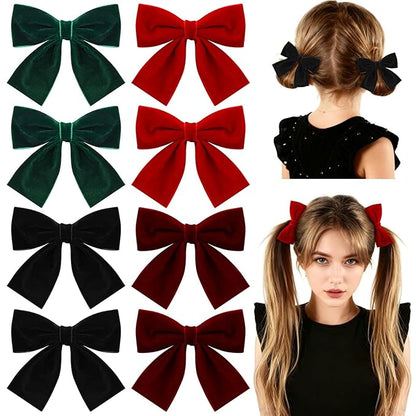 8 Pcs Velvet Hair Bows for Girls, 4" Christmas Hair Bows with Alligator Clips Christmas Bow Hair Accessories Stocking Stuffers for Girls Toddler Kids