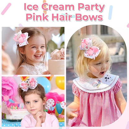 2PCS Hair Bows for Baby Girls Birthday - 3rd Birthday Hair Bow Sweet Theme with Ice Cream Party, Pink Hair Accessories for Baby Toddler 1 2 3 4 5 6 Years, Outfit & Decorations